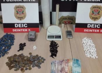 Policiais da DISE exibem mais de seis quilos de maconha apreendidos durante operação em Rio Preto.