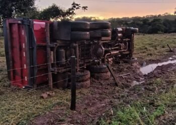 Caminhão tomba após ser visto fazendo zigue-zague entre Nova Aliança e Potirendaba