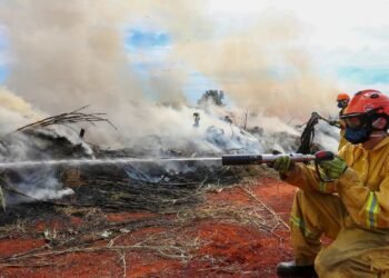Mapa da Defesa Civil de São Paulo mostra as regiões do estado com níveis de alerta para risco de incêndios, destacando áreas em estado de emergência devido à baixa umidade do ar e à massa de ar seco.