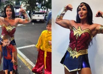 Bia Ramires caracterizada como Mulher-Maravilha durante apresentação da Carreta da Alegria em São José do Rio Preto.