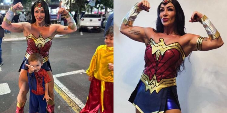 Bia Ramires caracterizada como Mulher-Maravilha durante apresentação da Carreta da Alegria em São José do Rio Preto.