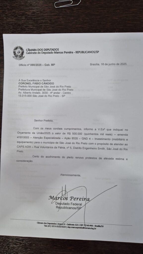 Documentos oficiais contradizem acusação sobre emenda de R$ 500 mil destinada ao CAPS de Rio Preto
